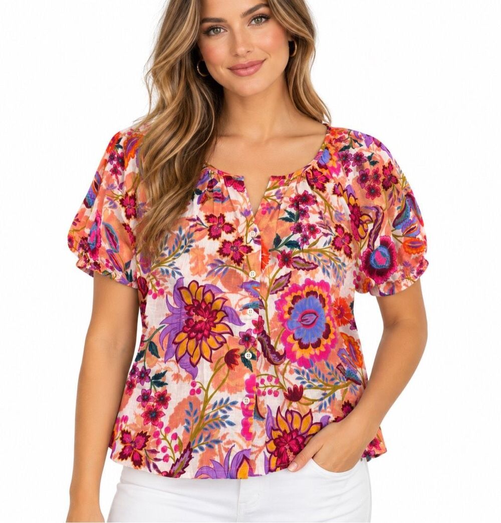 NWT Liverpool Floral Paradise Puff Sleeve Button Front Top Size Medium New